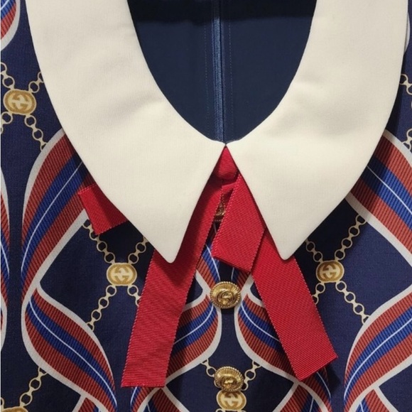 Gucci Women's Ribbon Print Midi Dress - Blue and Red - Picture 4 of 11